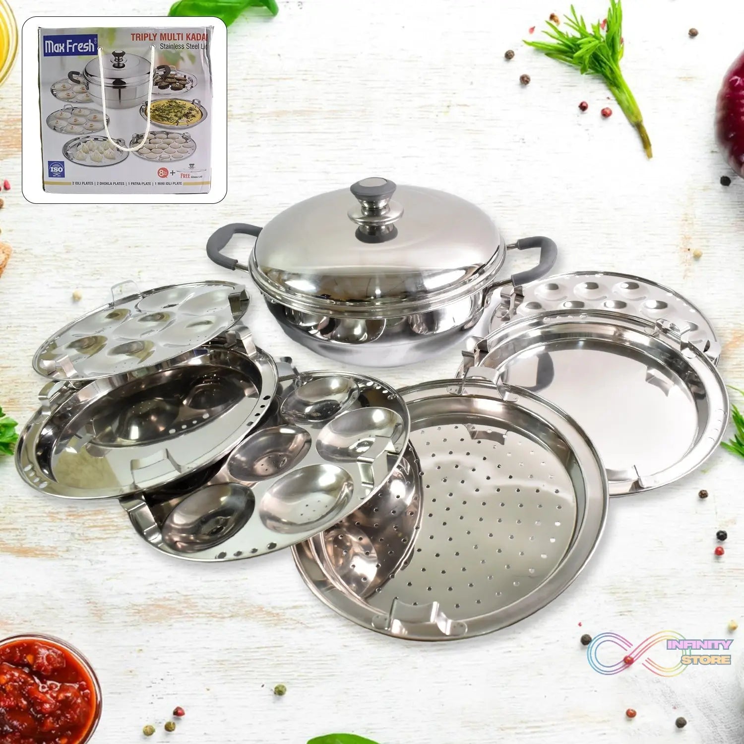 Stainless Steel Triply Multi Kadai idli, dhokla, Patra, Mini idli plates, kadai with Lid (8 Pcs Set / Free Glass Transparent Lid) - infinityexculsivestore.com