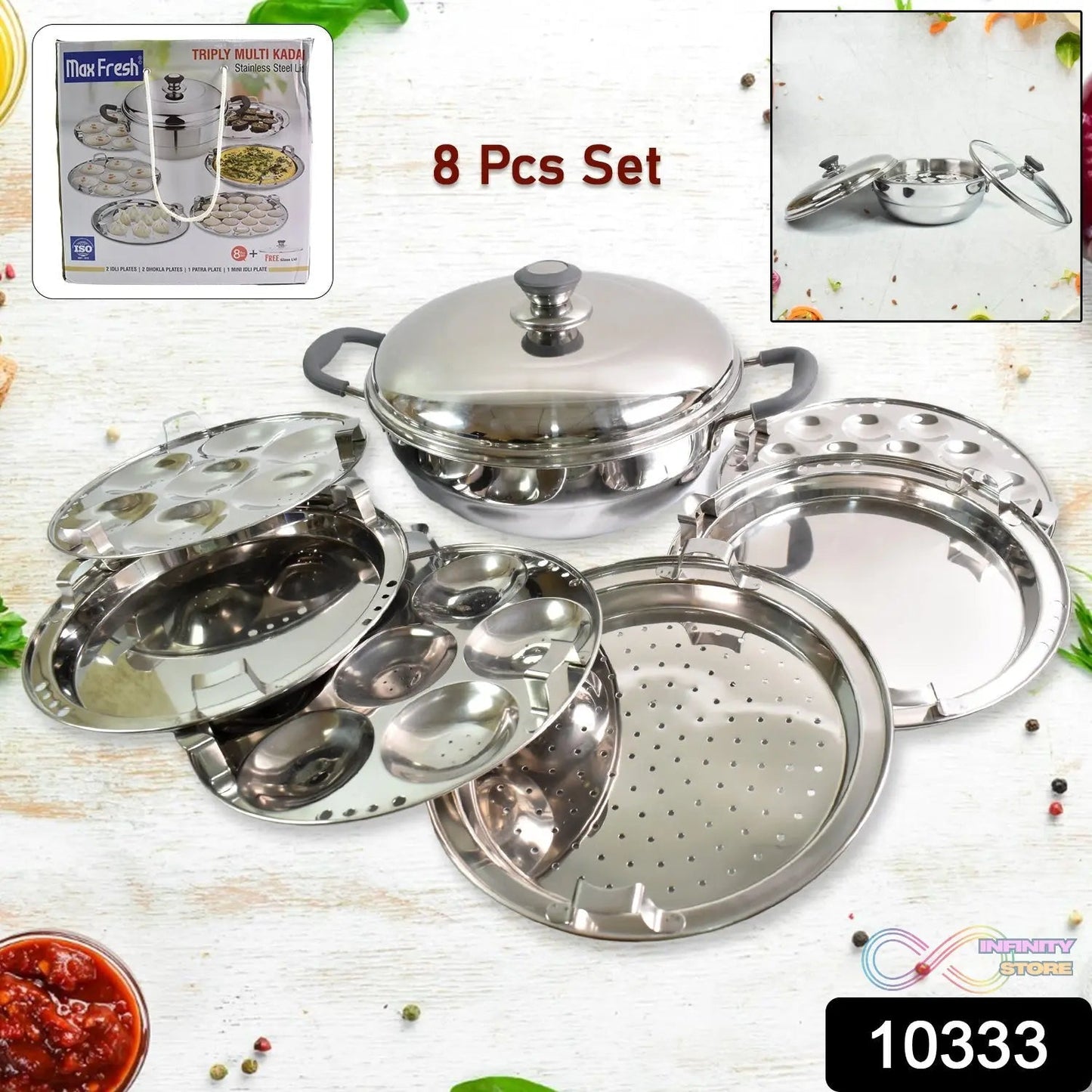 Stainless Steel Triply Multi Kadai idli, dhokla, Patra, Mini idli plates, kadai with Lid (8 Pcs Set / Free Glass Transparent Lid) - infinityexculsivestore.com