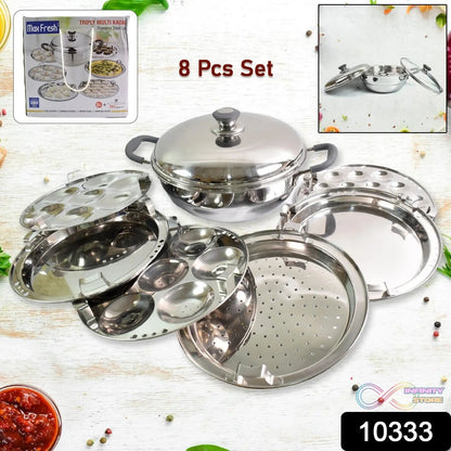 Stainless Steel Triply Multi Kadai idli, dhokla, Patra, Mini idli plates, kadai with Lid (8 Pcs Set / Free Glass Transparent Lid) - infinityexculsivestore.com