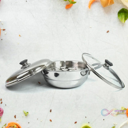 Stainless Steel Triply Multi Kadai idli, dhokla, Patra, Mini idli plates, kadai with Lid (8 Pcs Set / Free Glass Transparent Lid) - infinityexculsivestore.com