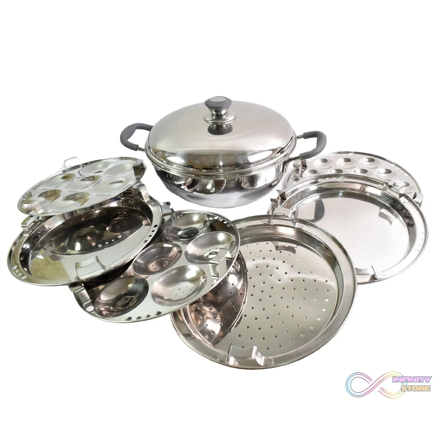 Stainless Steel Triply Multi Kadai idli, dhokla, Patra, Mini idli plates, kadai with Lid (8 Pcs Set / Free Glass Transparent Lid) - infinityexculsivestore.com