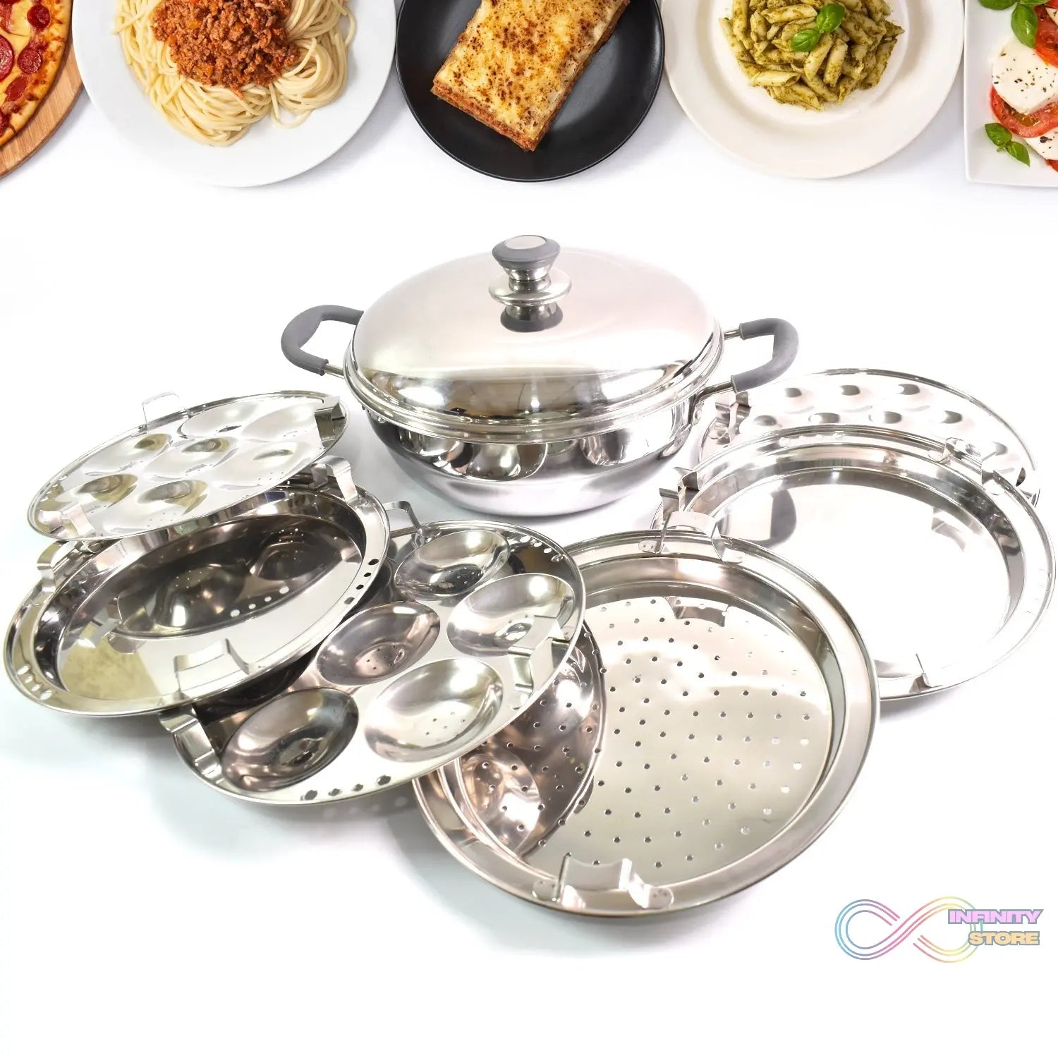 Stainless Steel Triply Multi Kadai idli, dhokla, Patra, Mini idli plates, kadai with Lid (8 Pcs Set / Free Glass Transparent Lid) - infinityexculsivestore.com