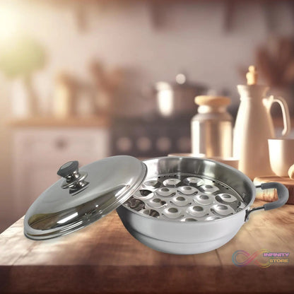 Stainless Steel Triply Multi Kadai idli, dhokla, Patra, Mini idli plates, kadai with Lid (8 Pcs Set / Free Glass Transparent Lid) - infinityexculsivestore.com