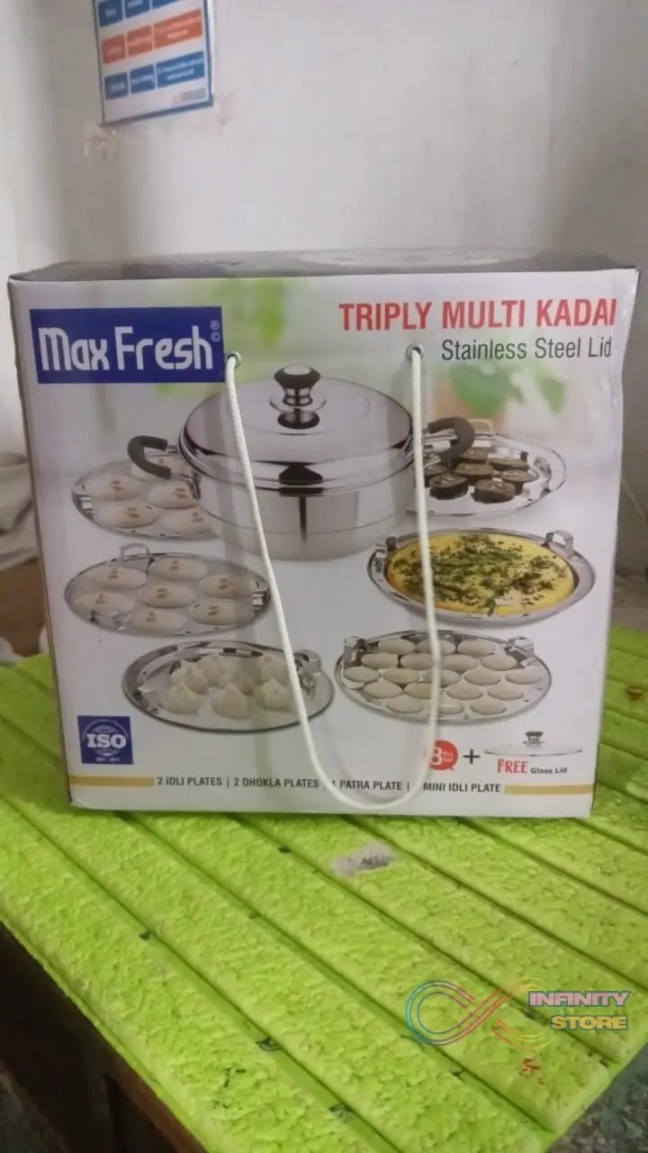 Stainless Steel Triply Multi Kadai idli, dhokla, Patra, Mini idli plates, kadai with Lid (8 Pcs Set / Free Glass Transparent Lid) - infinityexculsivestore.com