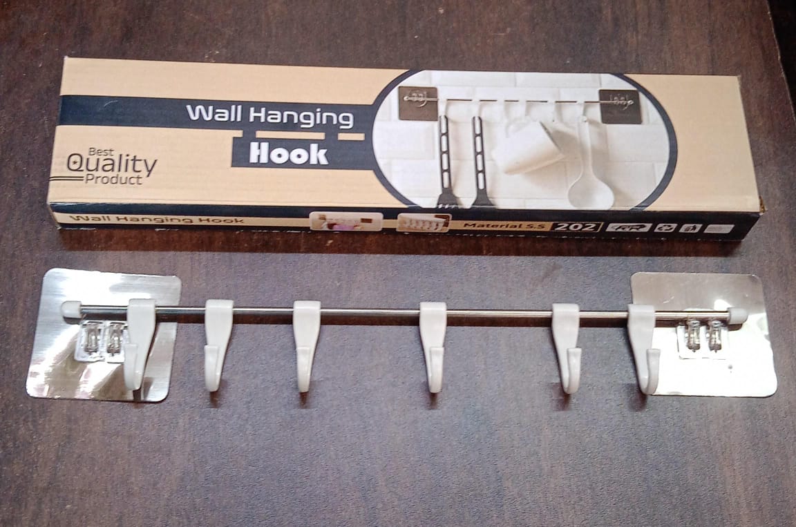 Stainless Steel Utensil Hanger Rail Nail Free Wall Mount with 2 Magic Stickers & 6 Plastic Hooks For Kitchen - infinityexculsivestore.com