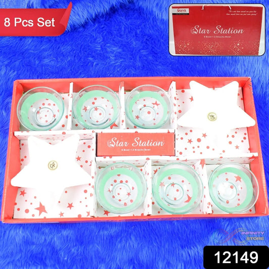 Star Station High Quality 6 Pc Glass Bowl & 2 Pc Plastic Star Shape Snack Bowl Set (8 Pcs Set) - infinityexculsivestore.com
