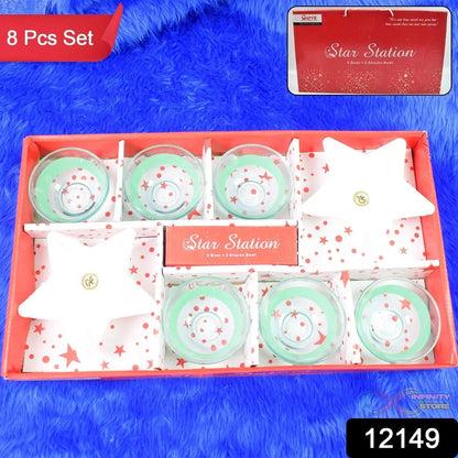 Star Station High Quality 6 Pc Glass Bowl & 2 Pc Plastic Star Shape Snack Bowl Set (8 Pcs Set) - infinityexculsivestore.com