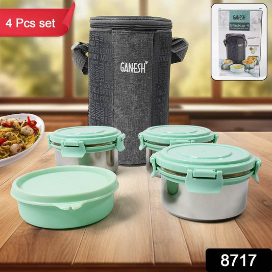 Ganesh 4In1 Tiffin Box-Lunch Box | 3 Stainless Steel Containers 300 Ml Approx & Plastic Salad Container 200 Ml Approx| Plastic lid Box | Round Zip Bag | Leak Proof | Microwave Safe for Office, College and School for Men, Women  - infinityexculsivestore.com