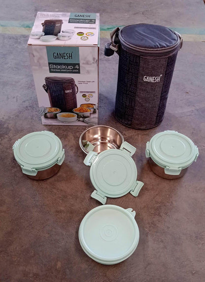 Ganesh 4In1 Tiffin Box-Lunch Box | 3 Stainless Steel Containers 300 Ml Approx & Plastic Salad Container 200 Ml Approx| Plastic lid Box | Round Zip Bag | Leak Proof | Microwave Safe for Office, College and School for Men, Women  - infinityexculsivestore.com