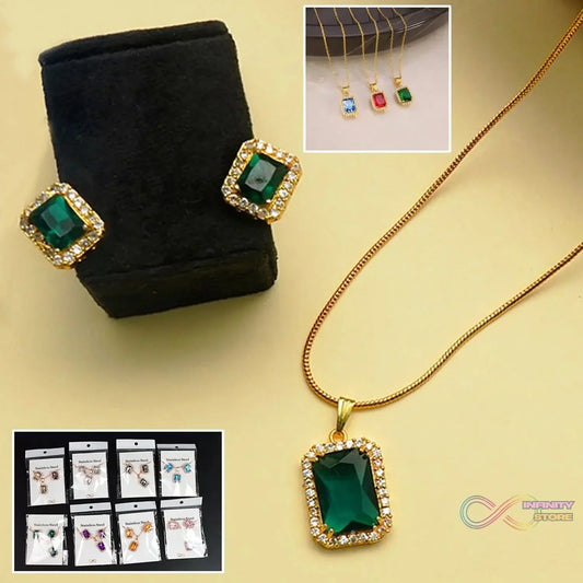 Stone Pendant Necklace Chain Set with Earrings (1 Set / Mix Color & Design) - infinityexculsivestore.com