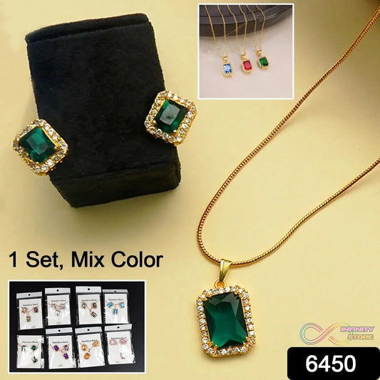 Stone Pendant Necklace Chain Set with Earrings (1 Set / Mix Color & Design) - infinityexculsivestore.com