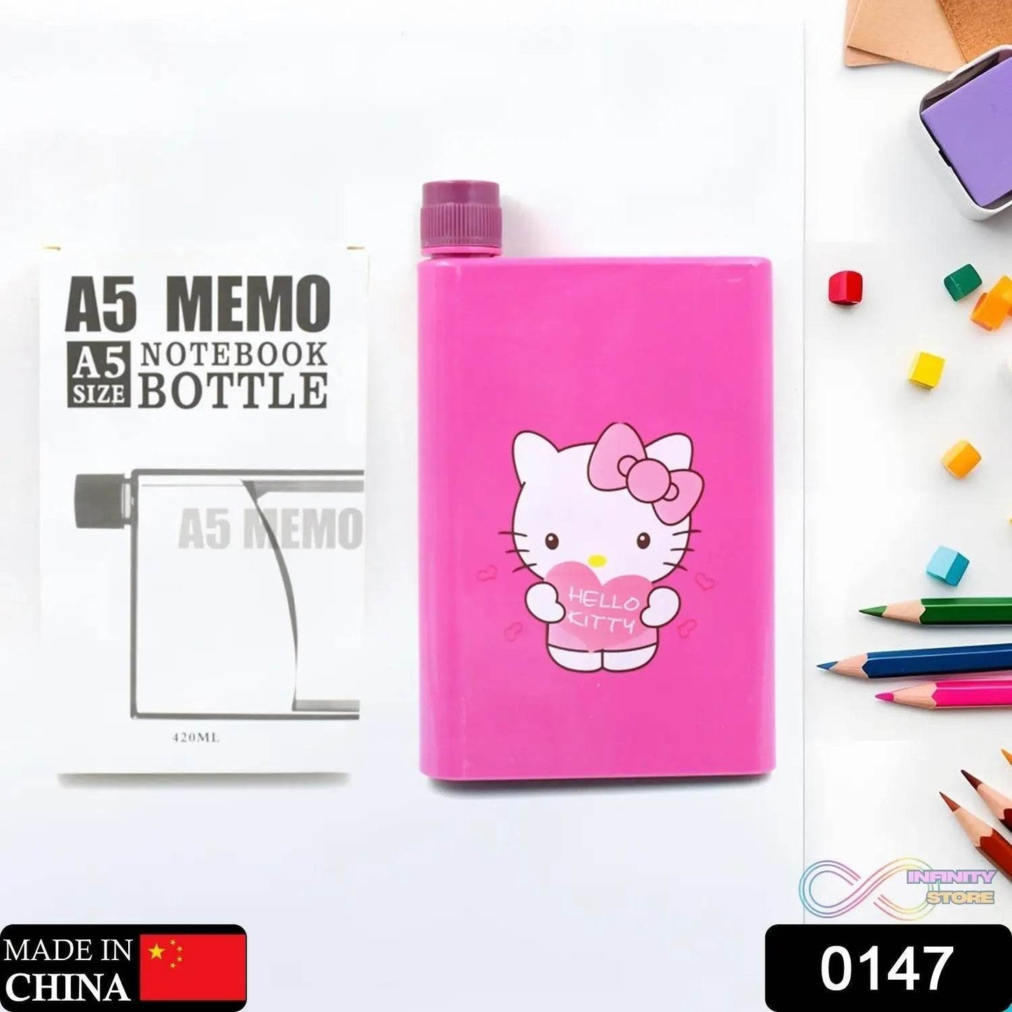 Kitchen Storage A5 size Flat Portable NoteBook Shape Water Bottle With a Cartoon Character Design-Hello Kitty - For School Outdoors and Sports Return Gift/Birthday Gift (1 Pc 420ML) - infinityexculsivestore.com