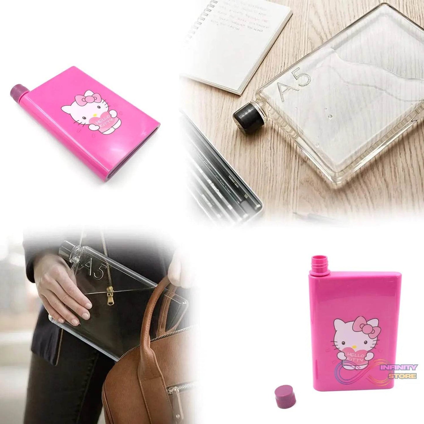 Kitchen Storage A5 size Flat Portable NoteBook Shape Water Bottle With a Cartoon Character Design-Hello Kitty - For School Outdoors and Sports Return Gift/Birthday Gift (1 Pc 420ML) - infinityexculsivestore.com