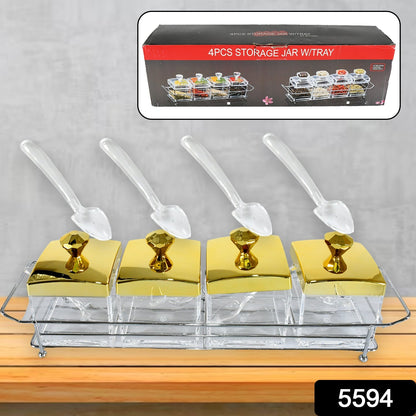 Storage Jar Set One Set with 4 Jars with Lids, Tray & 4 Spoon for Coffee, Tea, Sugar for Storage jar With Tray for Home Kitchen - infinityexculsivestore.com