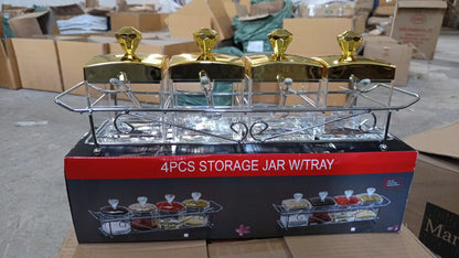 Storage Jar Set One Set with 4 Jars with Lids, Tray & 4 Spoon for Coffee, Tea, Sugar for Storage jar With Tray for Home Kitchen - infinityexculsivestore.com
