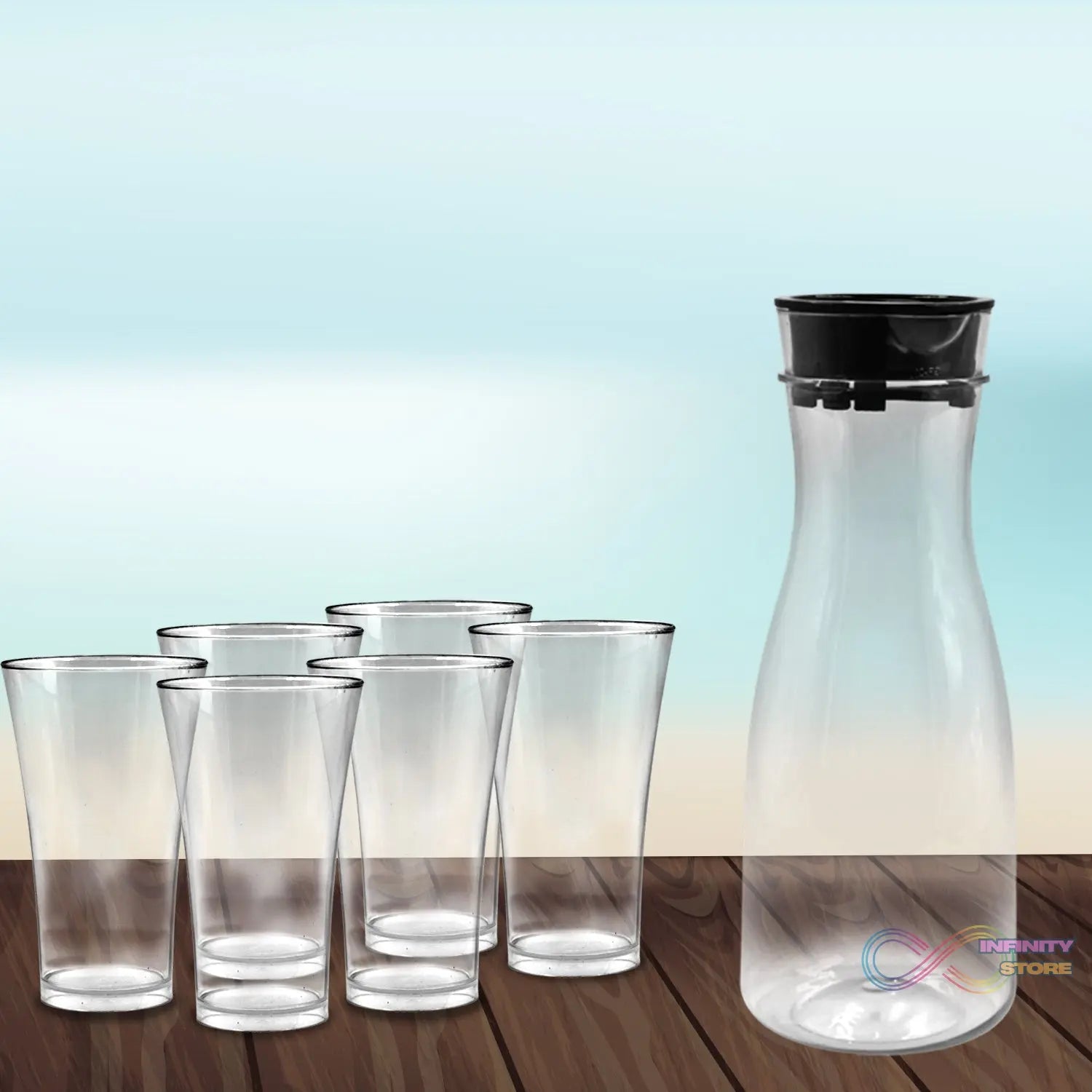 Transparent Unbreakable Water Juicy Jug and 6 Pcs. Glass Combo Set for Dining Table Office Restaurant Pitcher - infinityexculsivestore.com