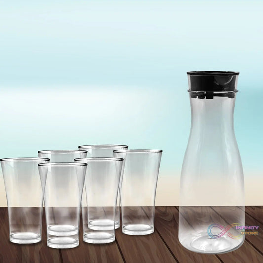 Transparent Unbreakable Water Juicy Jug and 6 Pcs. Glass Combo Set for Dining Table Office Restaurant Pitcher - infinityexculsivestore.com