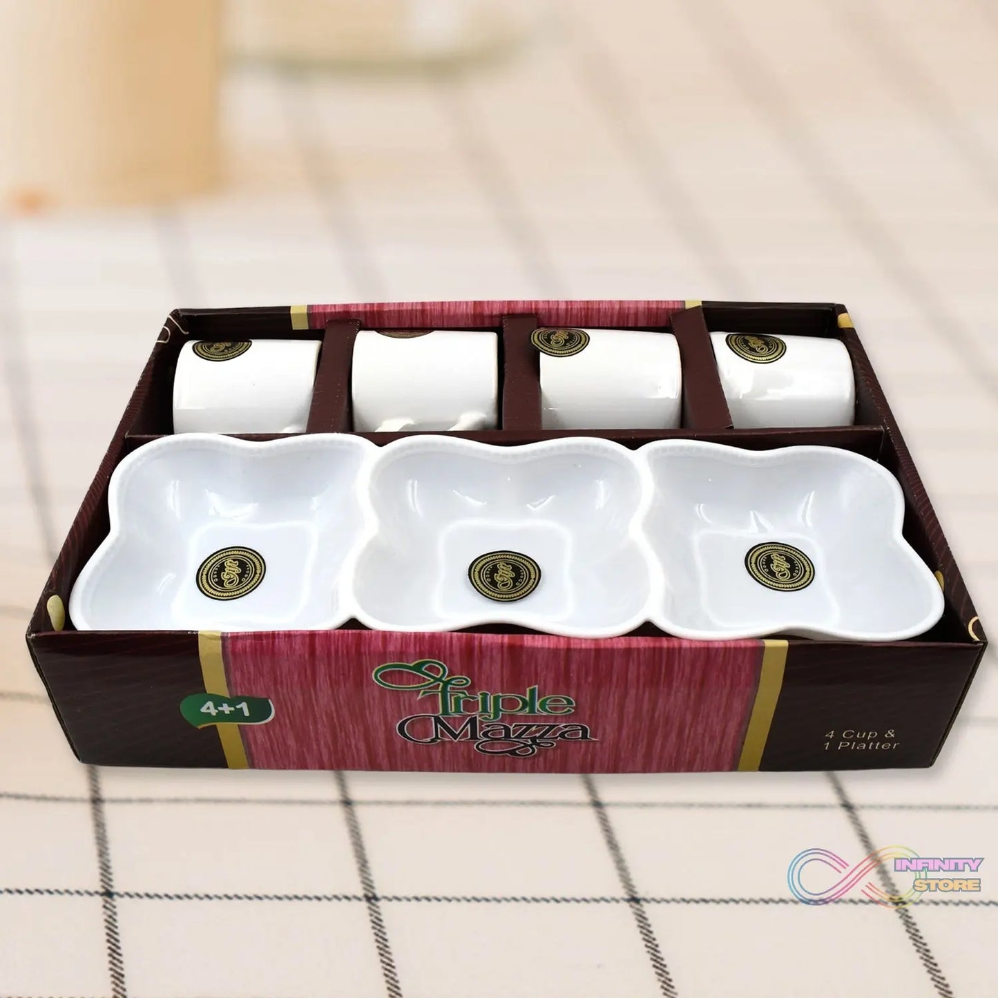 Triple Mazza Ceramic Tea / Cups Set Including 3 Compartment Plastic Serving Platter (4 Pcs Set) - infinityexculsivestore.com
