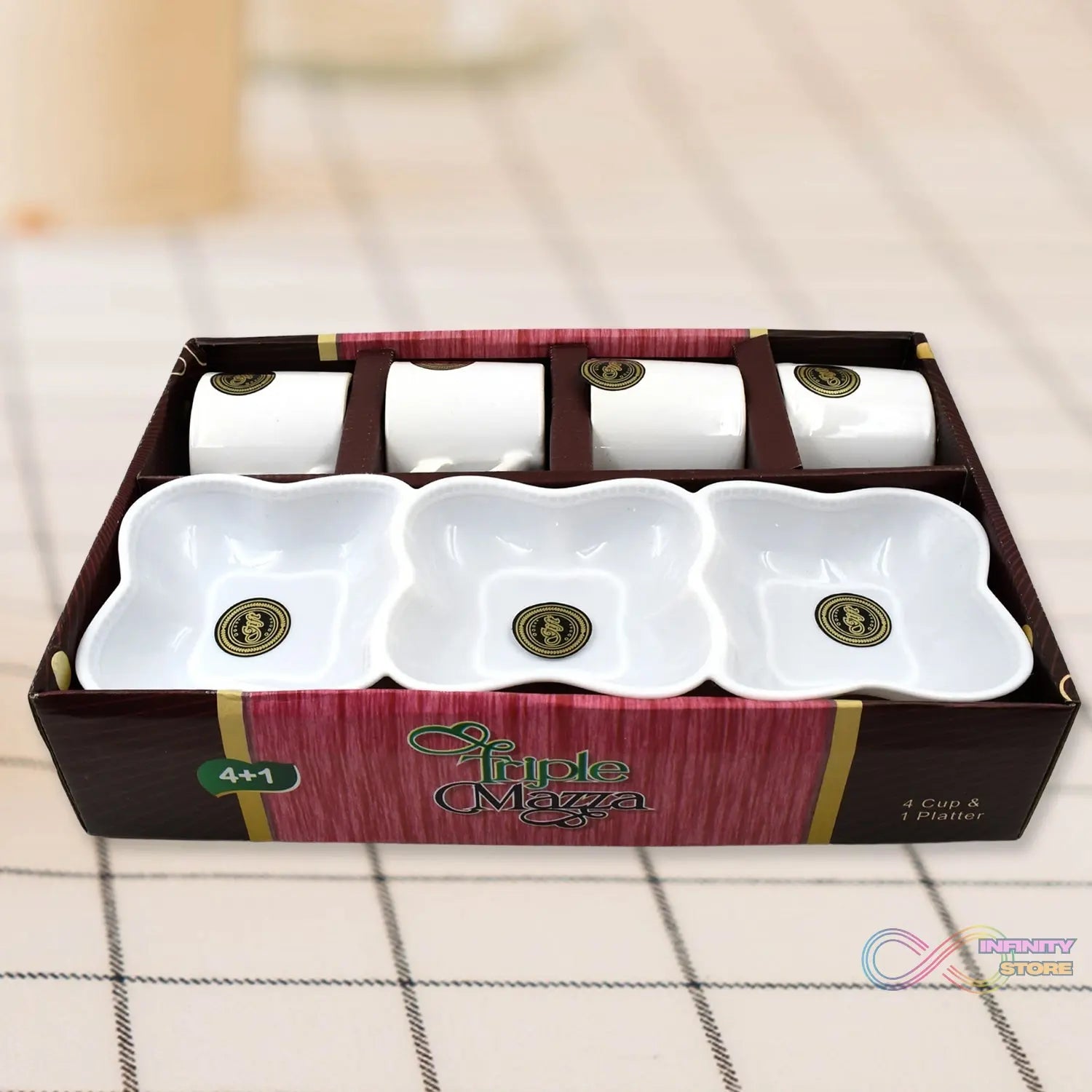 Triple Mazza Ceramic Tea / Cups Set Including 3 Compartment Plastic Serving Platter (4 Pcs Set) - infinityexculsivestore.com
