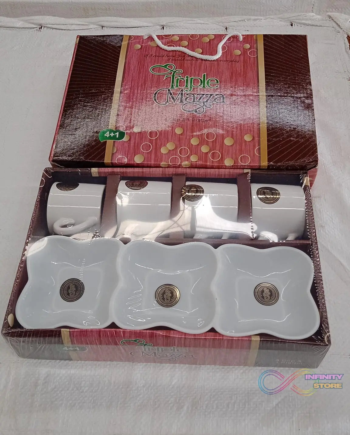 Triple Mazza Ceramic Tea / Cups Set Including 3 Compartment Plastic Serving Platter (4 Pcs Set) - infinityexculsivestore.com