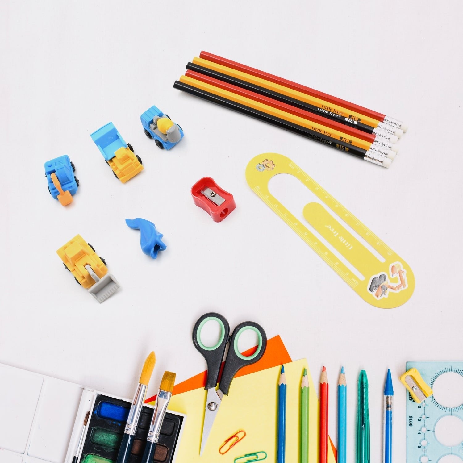 Pencil and Eraser Set, Construction Truck Theme Stationery Kit Includes 6 Pencils, 4 Erasers, 1 Sharpener, 1 Ruler Bookmark, 1 Pencil Cap Stationary For Birthday Gifts for Kids, Birthday Return Gifts (13 Pc set) - infinityexculsivestore.com