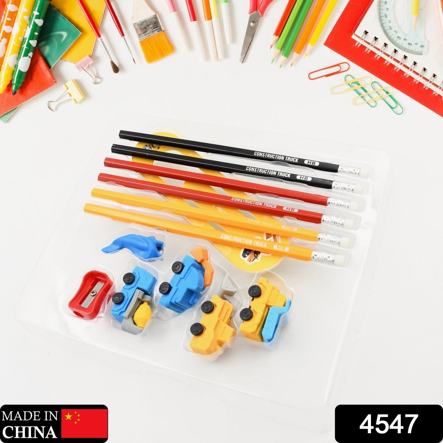 Pencil and Eraser Set, Construction Truck Theme Stationery Kit Includes 6 Pencils, 4 Erasers, 1 Sharpener, 1 Ruler Bookmark, 1 Pencil Cap Stationary For Birthday Gifts for Kids, Birthday Return Gifts (13 Pc set) - infinityexculsivestore.com