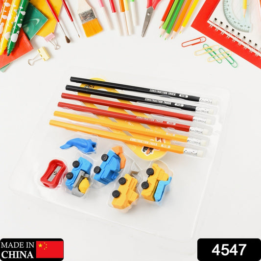 Pencil and Eraser Set, Construction Truck Theme Stationery Kit Includes 6 Pencils, 4 Erasers, 1 Sharpener, 1 Ruler Bookmark, 1 Pencil Cap Stationary For Birthday Gifts for Kids, Birthday Return Gifts (13 Pc set) - infinityexculsivestore.com