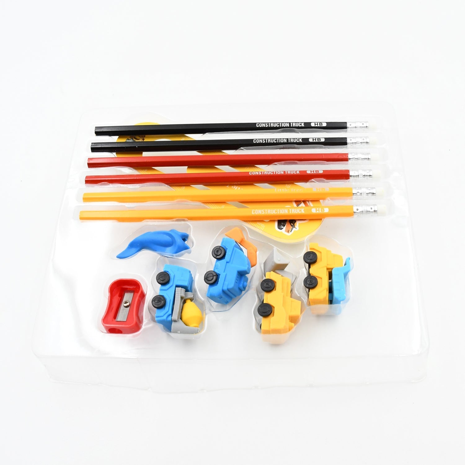 Pencil and Eraser Set, Construction Truck Theme Stationery Kit Includes 6 Pencils, 4 Erasers, 1 Sharpener, 1 Ruler Bookmark, 1 Pencil Cap Stationary For Birthday Gifts for Kids, Birthday Return Gifts (13 Pc set) - infinityexculsivestore.com