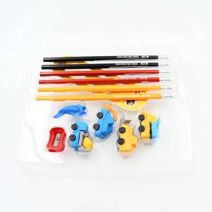 Pencil and Eraser Set, Construction Truck Theme Stationery Kit Includes 6 Pencils, 4 Erasers, 1 Sharpener, 1 Ruler Bookmark, 1 Pencil Cap Stationary For Birthday Gifts for Kids, Birthday Return Gifts (13 Pc set) - infinityexculsivestore.com