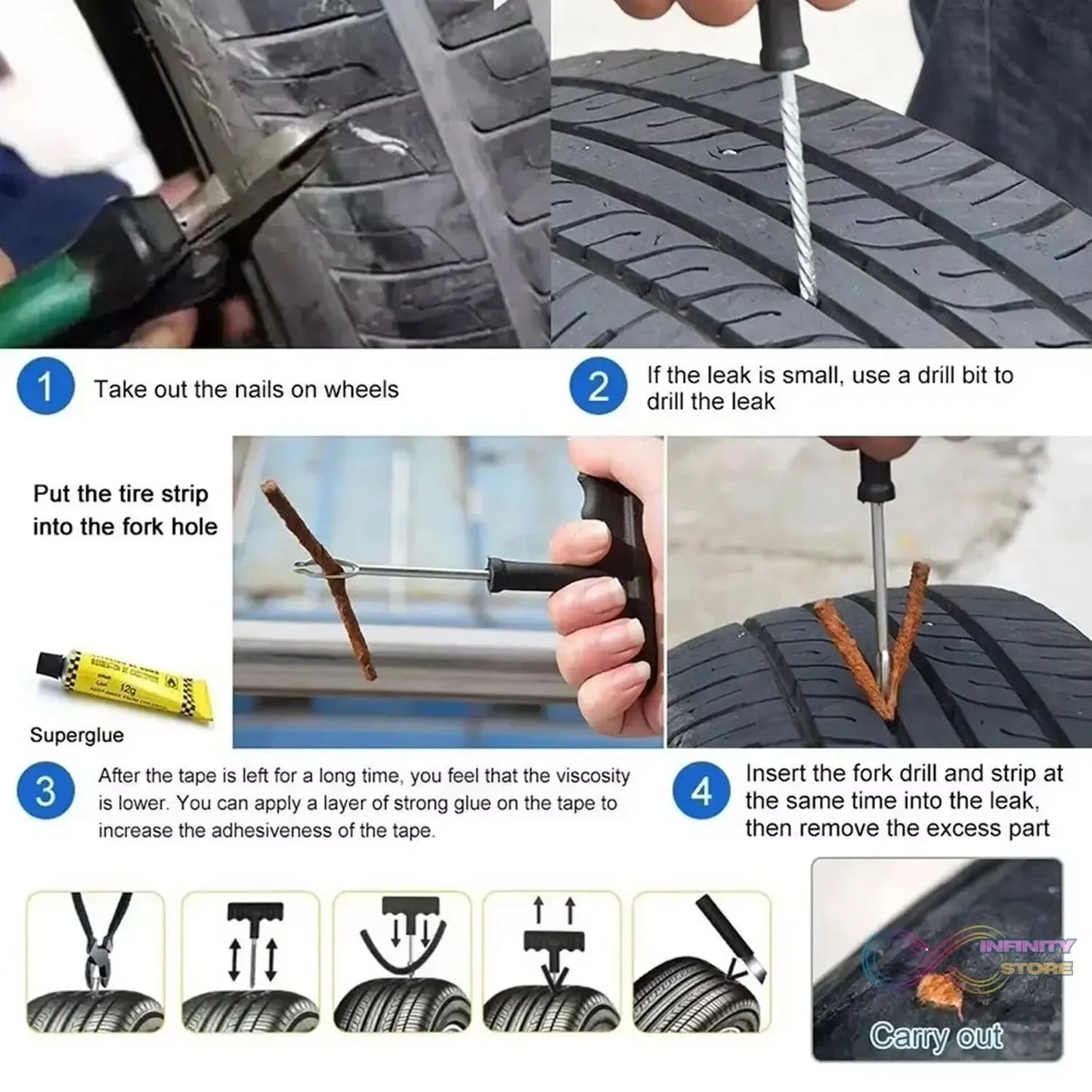 Tyre Puncture Repair Kit with 3 Seal Strips (5 Pcs Set) - infinityexculsivestore.com