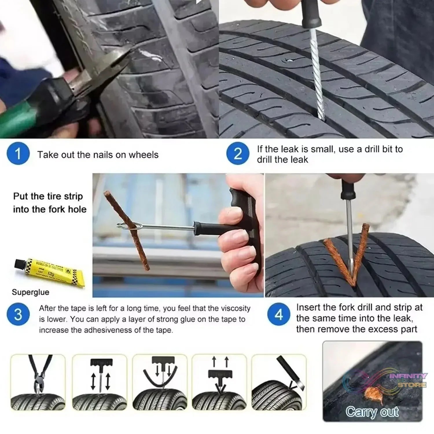 Tyre Puncture Repair Kit with 3 Seal Strips (5 Pcs Set) - infinityexculsivestore.com