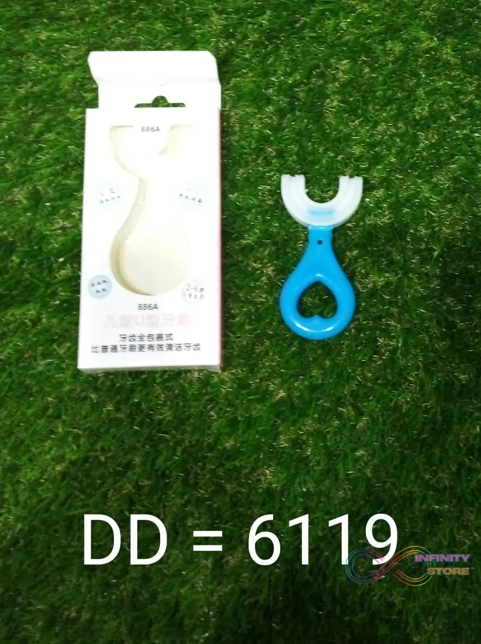 Kids' toothbrush with a unique U-shape for thorough and comfortable brushing.