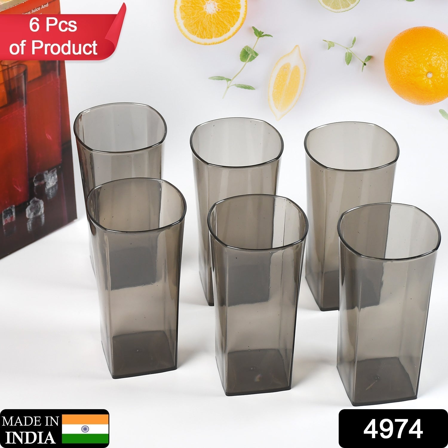 Unbreakable Stylish Transparent Square Design Water / Juice / Beer / Wine Tumbler Plastic Glass Set ( 300 ML, Pack of 6) ( Black ) - infinityexculsivestore.com