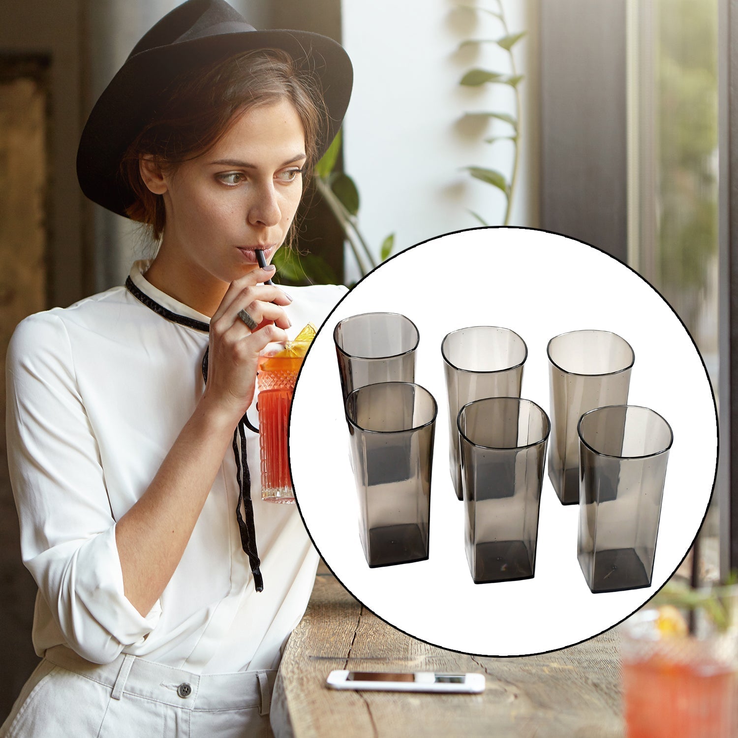 Unbreakable Stylish Transparent Square Design Water / Juice / Beer / Wine Tumbler Plastic Glass Set ( 300 ML, Pack of 6) ( Black ) - infinityexculsivestore.com