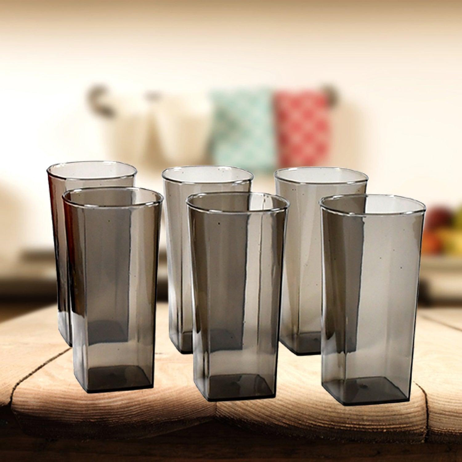 Unbreakable Stylish Transparent Square Design Water / Juice / Beer / Wine Tumbler Plastic Glass Set ( 300 ML, Pack of 6) ( Black ) - infinityexculsivestore.com