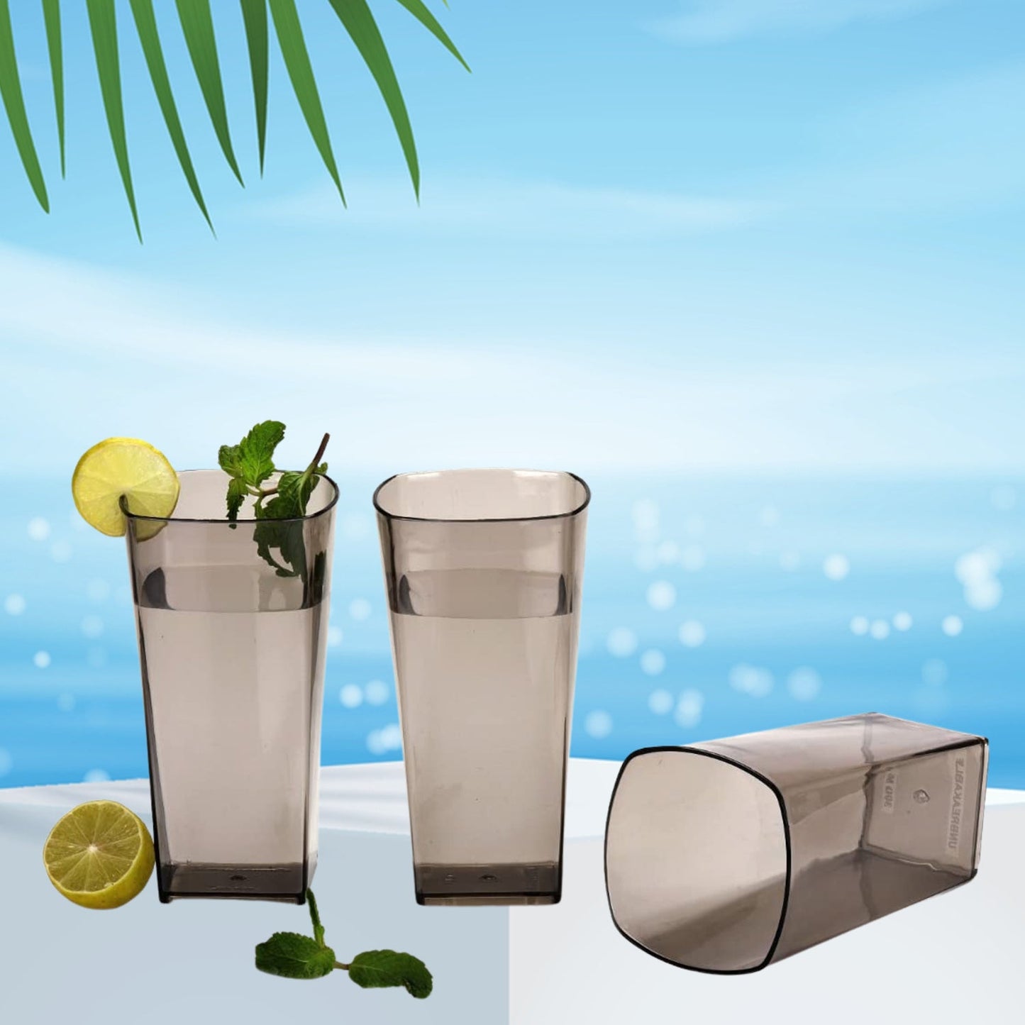 Unbreakable Stylish Transparent Square Design Water / Juice / Beer / Wine Tumbler Plastic Glass Set ( 300 ML, Pack of 6) ( Black ) - infinityexculsivestore.com