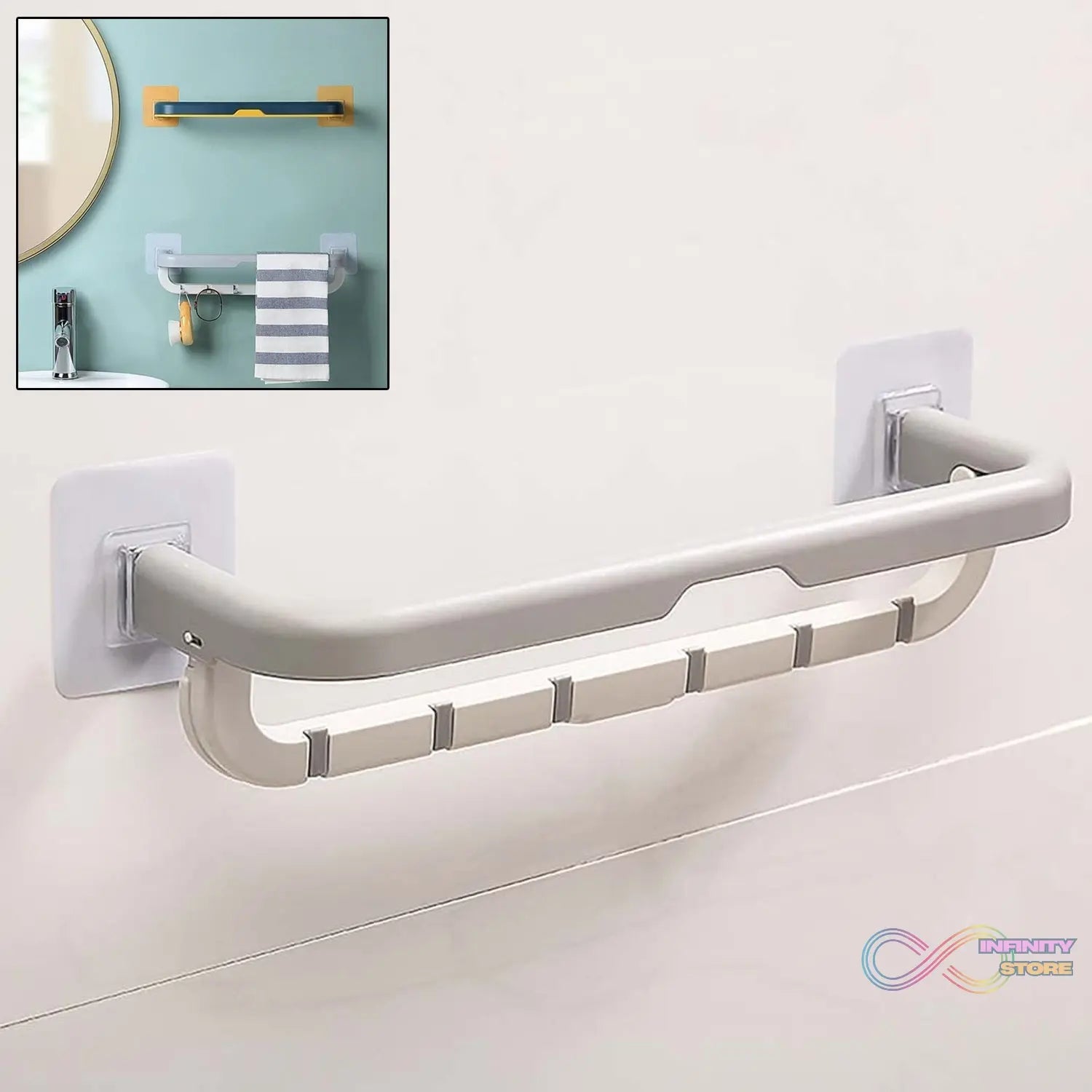Wall-Mounted Double Bar Towel Holder with Hooks & Adjustable Folding Shelf - infinityexculsivestore.com