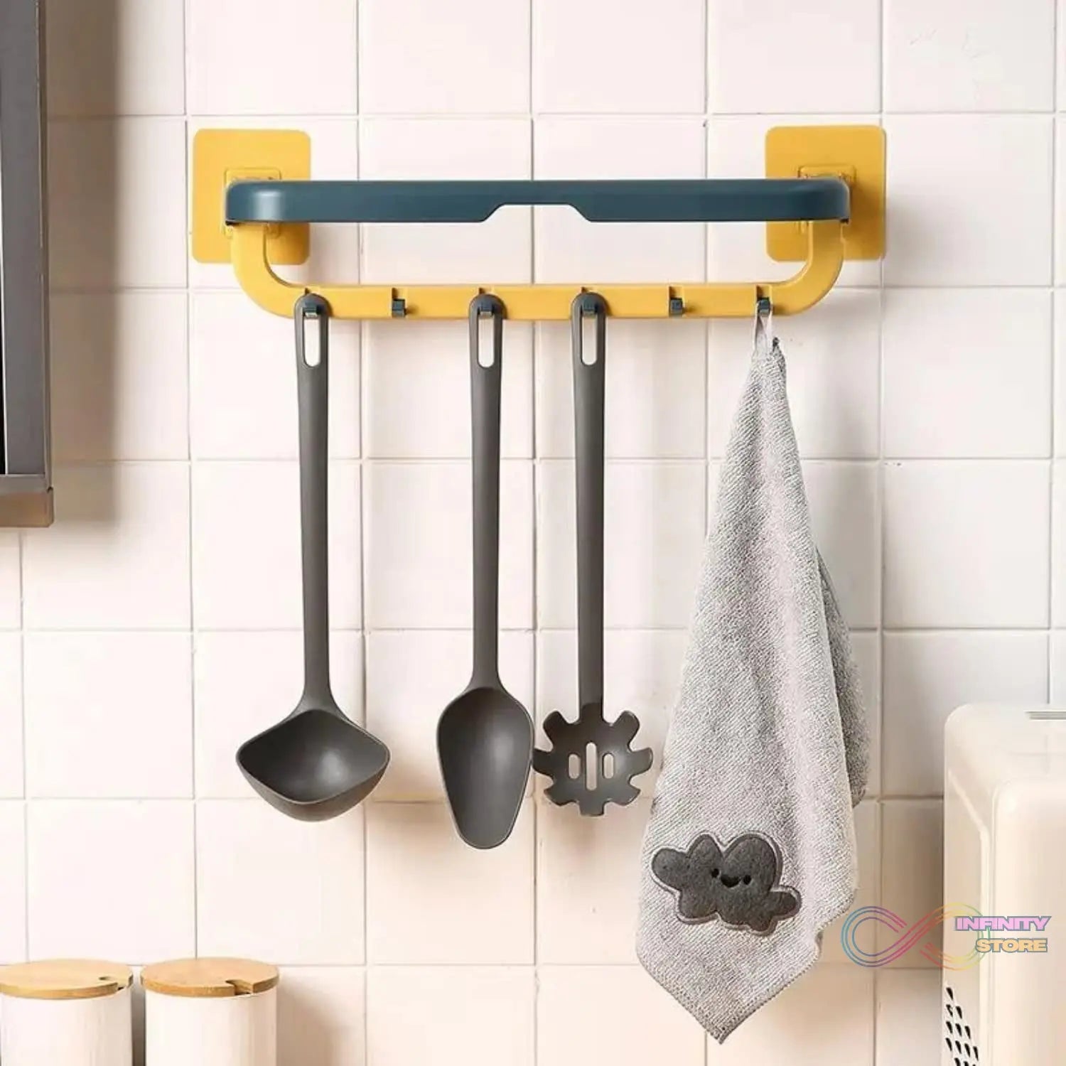 Wall-Mounted Double Bar Towel Holder with Hooks & Adjustable Folding Shelf - infinityexculsivestore.com