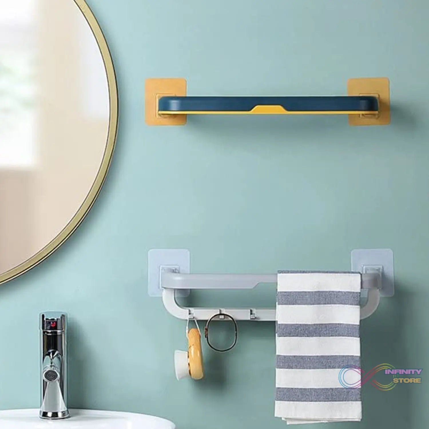 Wall-Mounted Double Bar Towel Holder with Hooks & Adjustable Folding Shelf - infinityexculsivestore.com