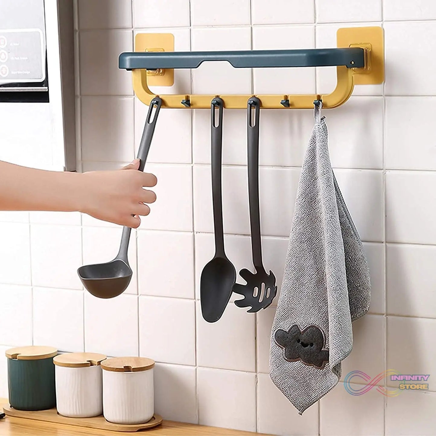 Wall-Mounted Double Bar Towel Holder with Hooks & Adjustable Folding Shelf - infinityexculsivestore.com