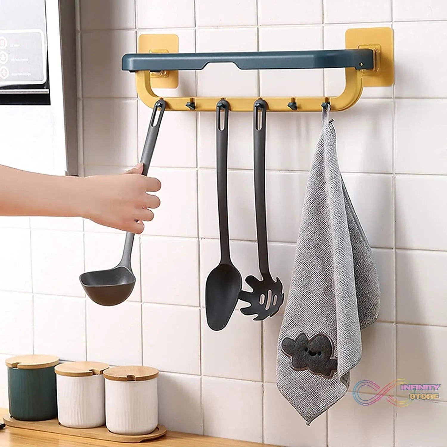 Wall-Mounted Double Bar Towel Holder with Hooks & Adjustable Folding Shelf - infinityexculsivestore.com