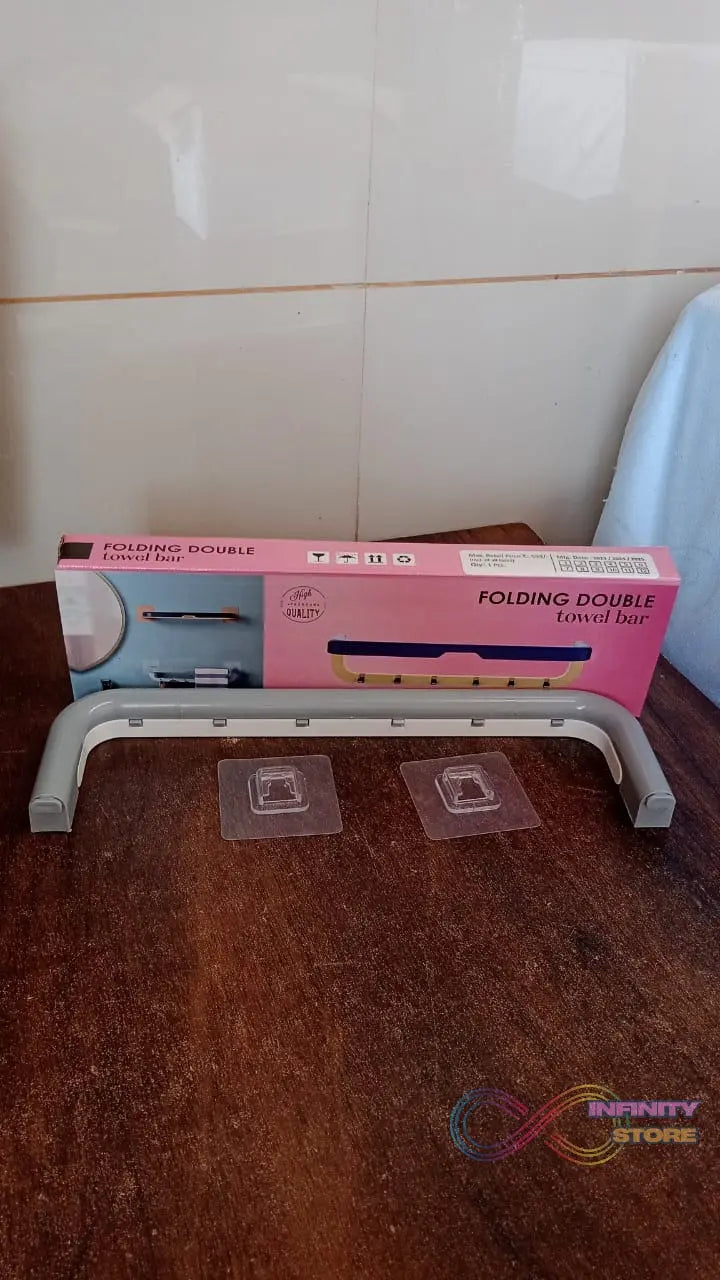 Wall-Mounted Double Bar Towel Holder with Hooks & Adjustable Folding Shelf - infinityexculsivestore.com