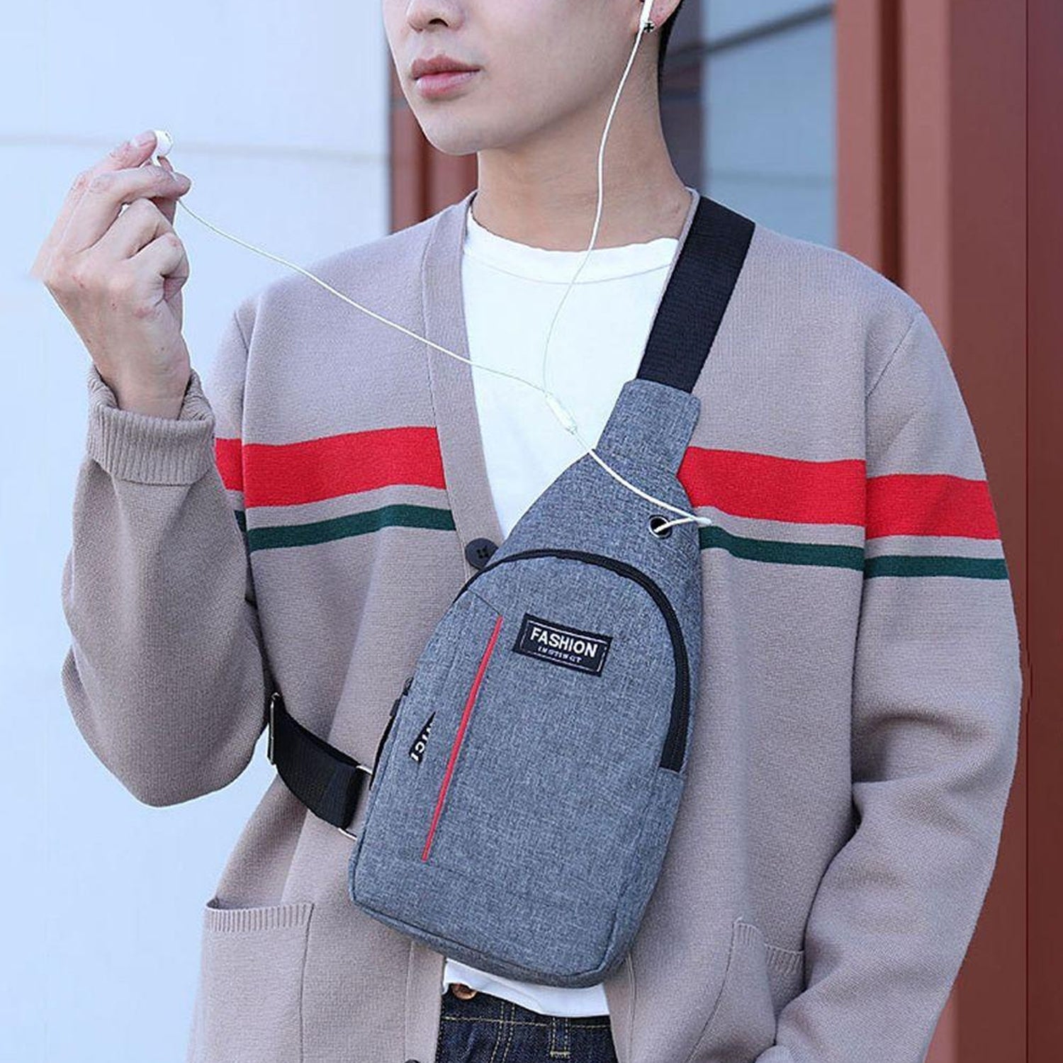 Waterproof Anti - Theft Crossbody Fanny Pack with USB Charging & Earphone Hook (Grey/Blue) - infinityexculsivestore.com