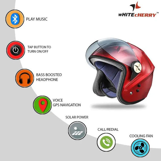 Whitecherry ISI Mark Certified Open Face Solar Smart Bluetooth Safety Motorbike Helmet (Red) - infinityexculsivestore.com