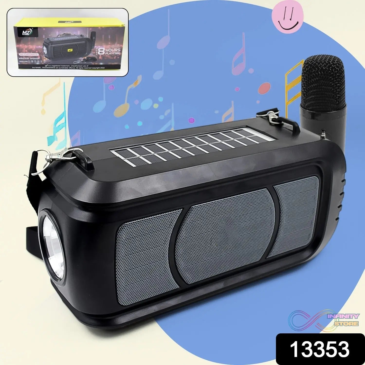 Wireless Bluetooth Speaker 5W High Bass with Wireless Mic / Microphone, LED Torch, Solar Charging, Support USB & Adjustable Strap (1 Set) - infinityexculsivestore.com