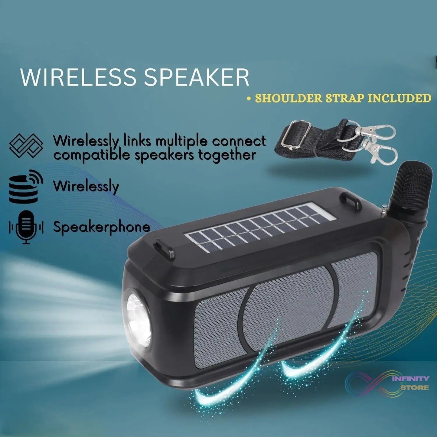 Wireless Bluetooth Speaker 5W High Bass with Wireless Mic / Microphone, LED Torch, Solar Charging, Support USB & Adjustable Strap (1 Set) - infinityexculsivestore.com