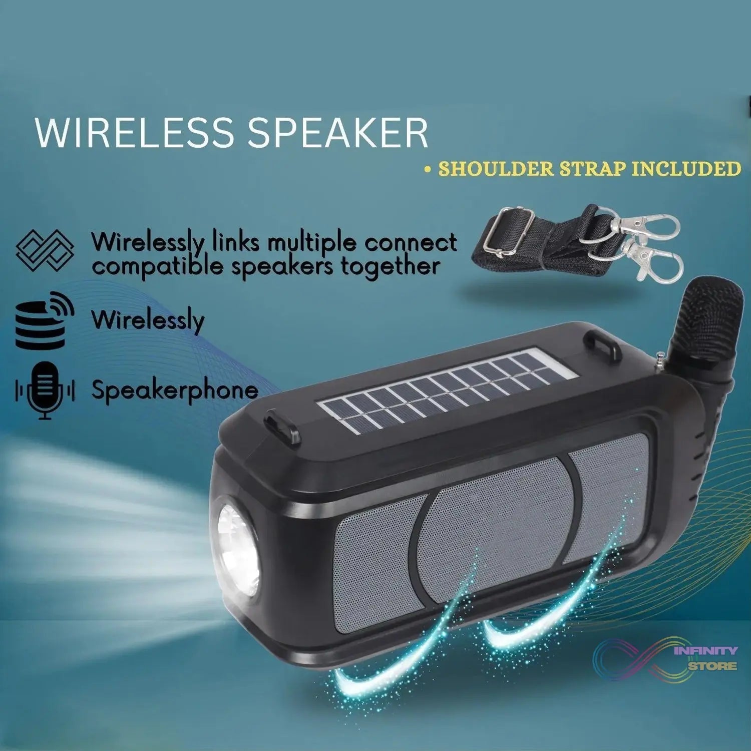 Wireless Bluetooth Speaker 5W High Bass with Wireless Mic / Microphone, LED Torch, Solar Charging, Support USB & Adjustable Strap (1 Set) - infinityexculsivestore.com