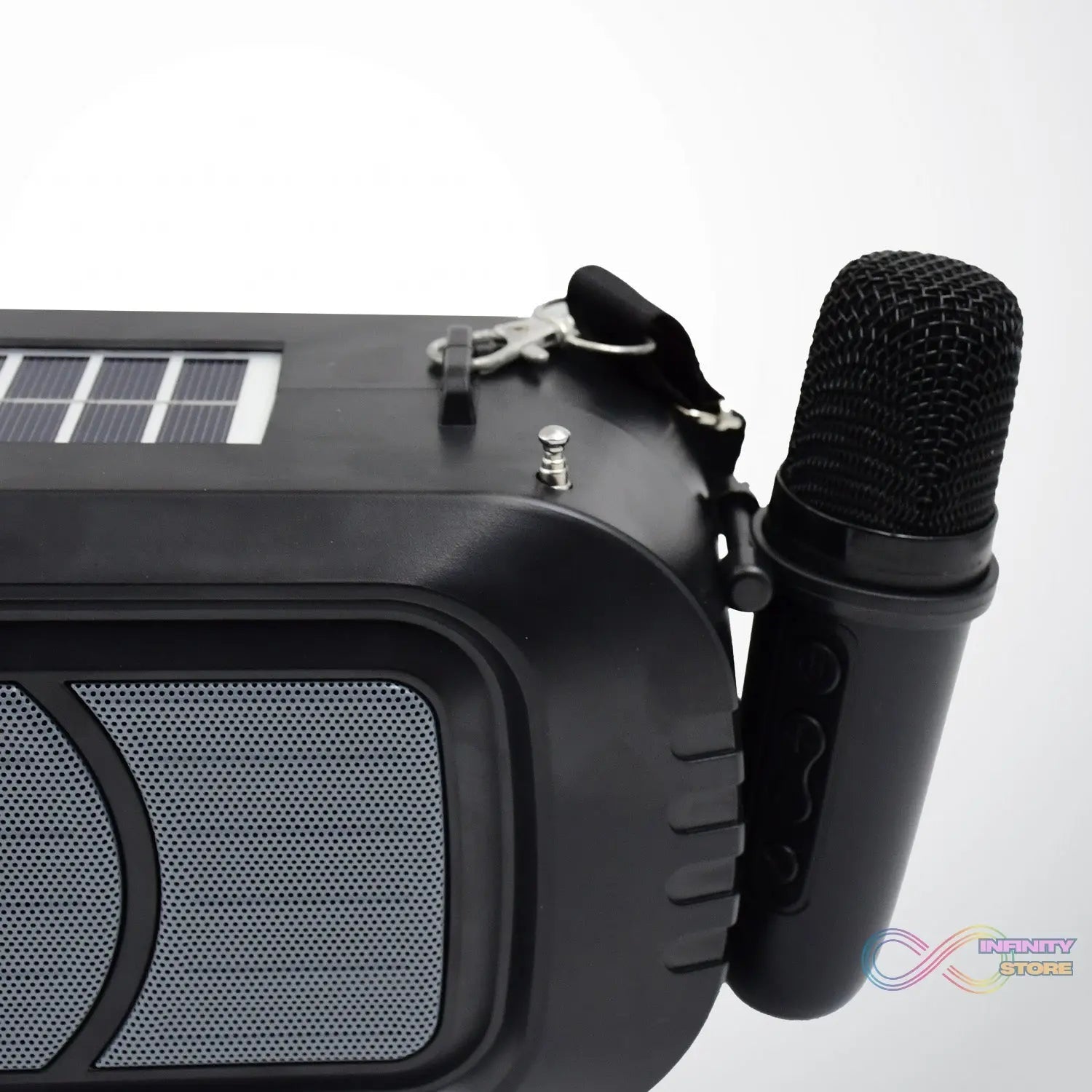 Wireless Bluetooth Speaker 5W High Bass with Wireless Mic / Microphone, LED Torch, Solar Charging, Support USB & Adjustable Strap (1 Set) - infinityexculsivestore.com
