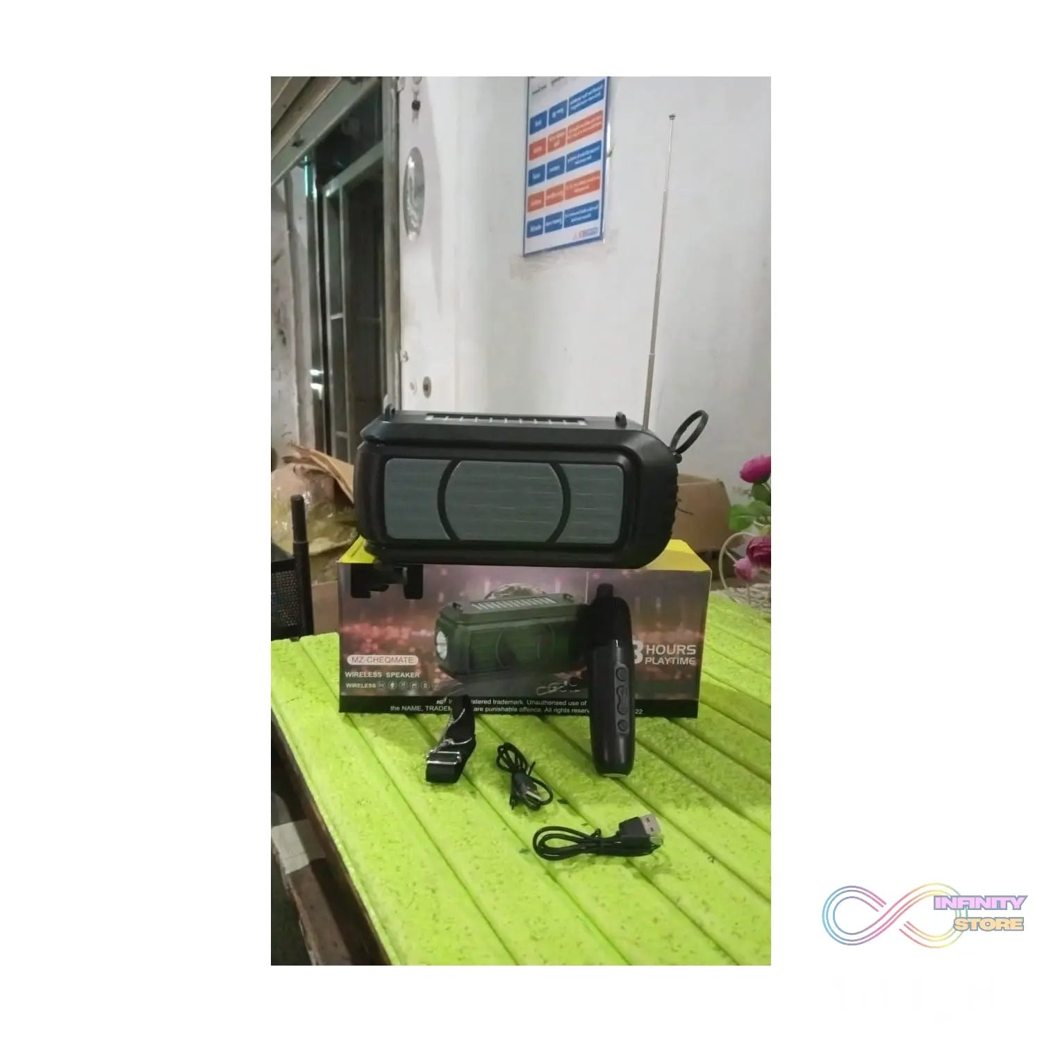 Wireless Bluetooth Speaker 5W High Bass with Wireless Mic / Microphone, LED Torch, Solar Charging, Support USB & Adjustable Strap (1 Set) - infinityexculsivestore.com