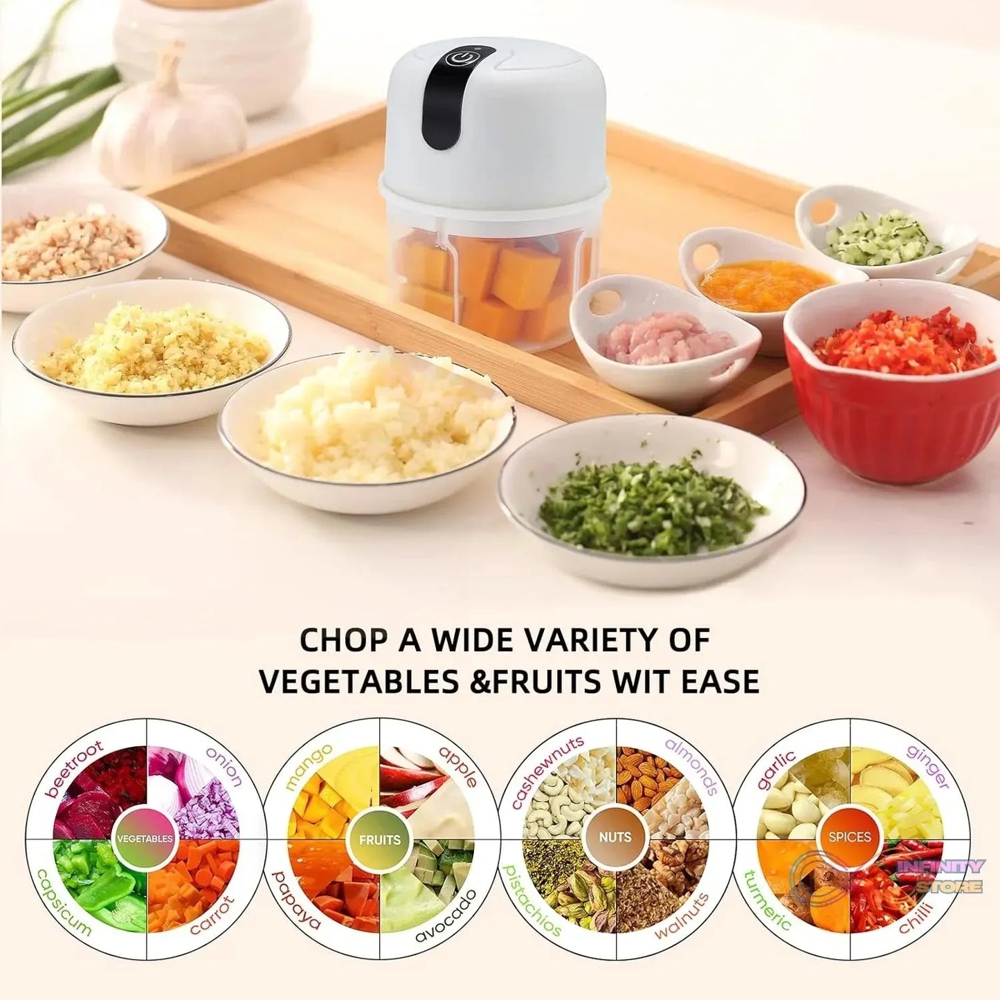 Wireless USB Rechargeable Mini Electric Garlic Machine / Chopper 3 Blades (250Ml) - infinityexculsivestore.com